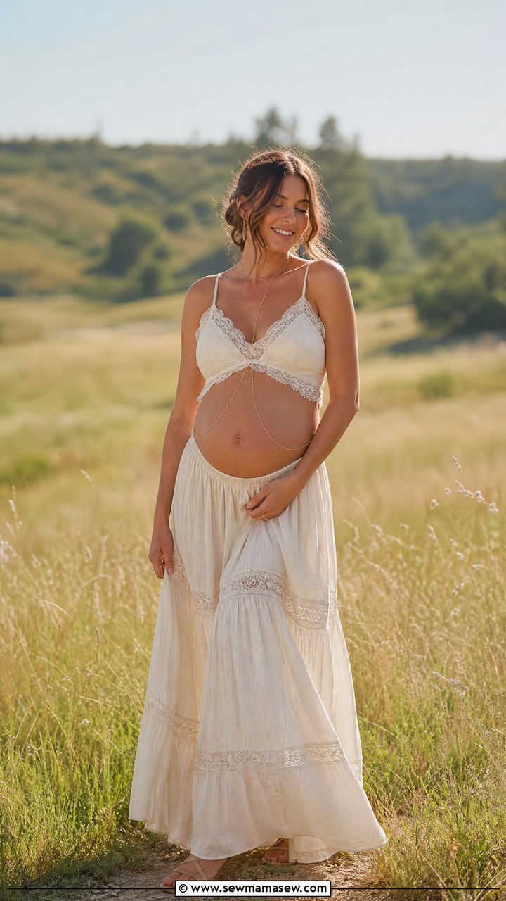 Lace trim camisole and high waist maxi skirt two piece summer maternity look - 25 Maternity photo outfit ideas summer