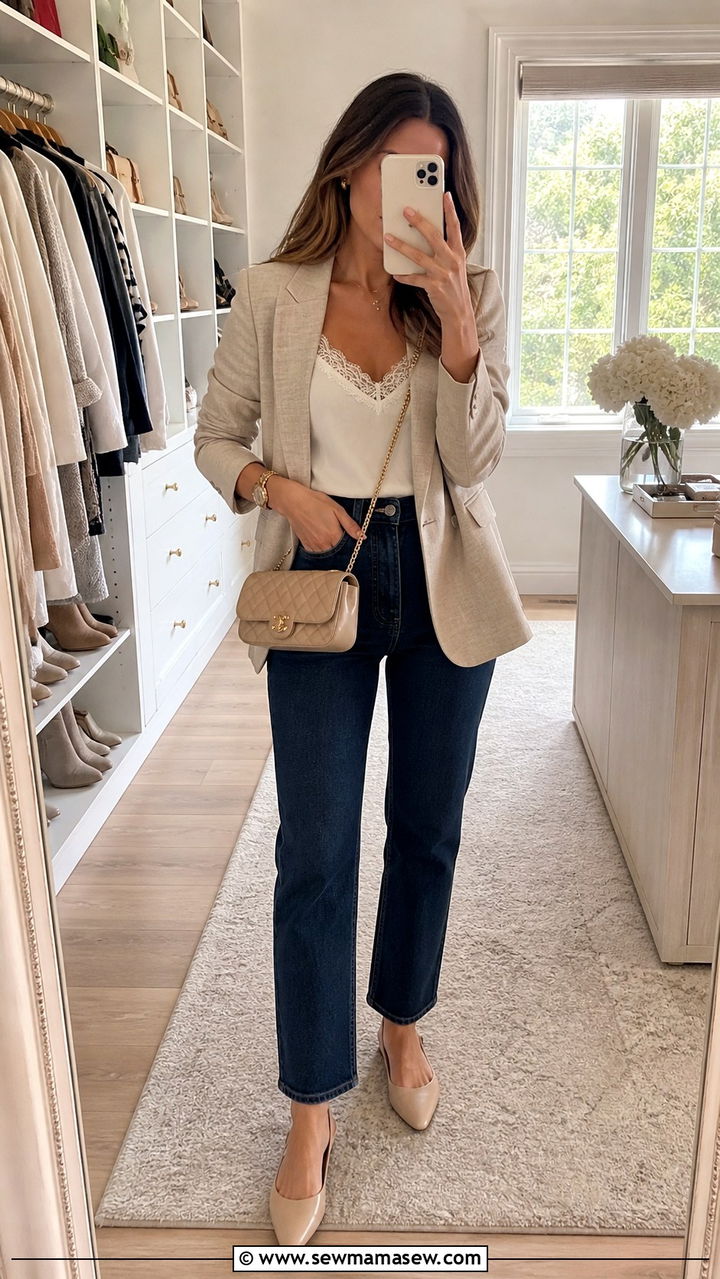 Lace trim camisole and high waisted jeans - 40 Spring shopping outfit ideas