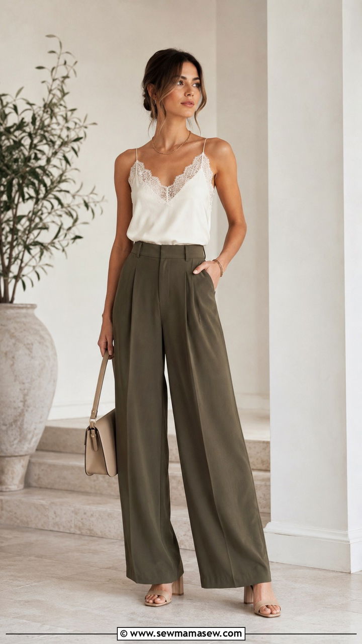 Lace trim camisole with wide leg trousers - 30 Boho outfit ideas petite