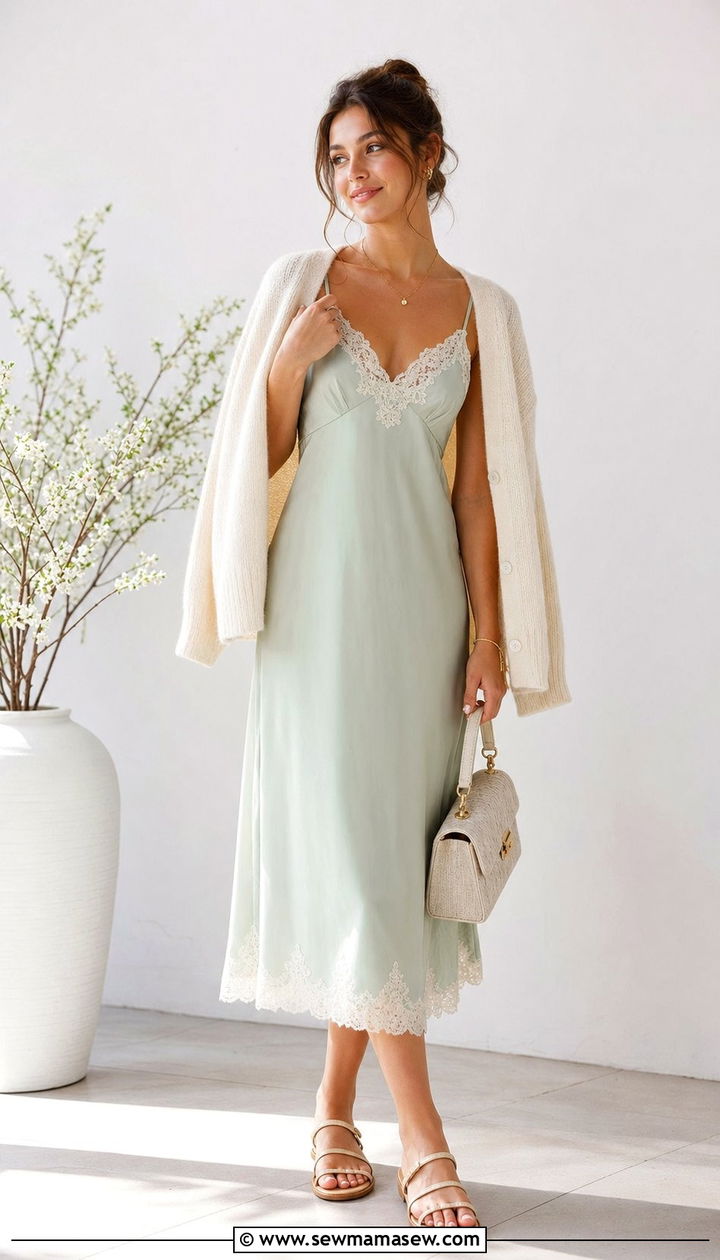 Lace trim slip dress layered under a soft cardigan - 25 Sofia Richie spring outfit ideas