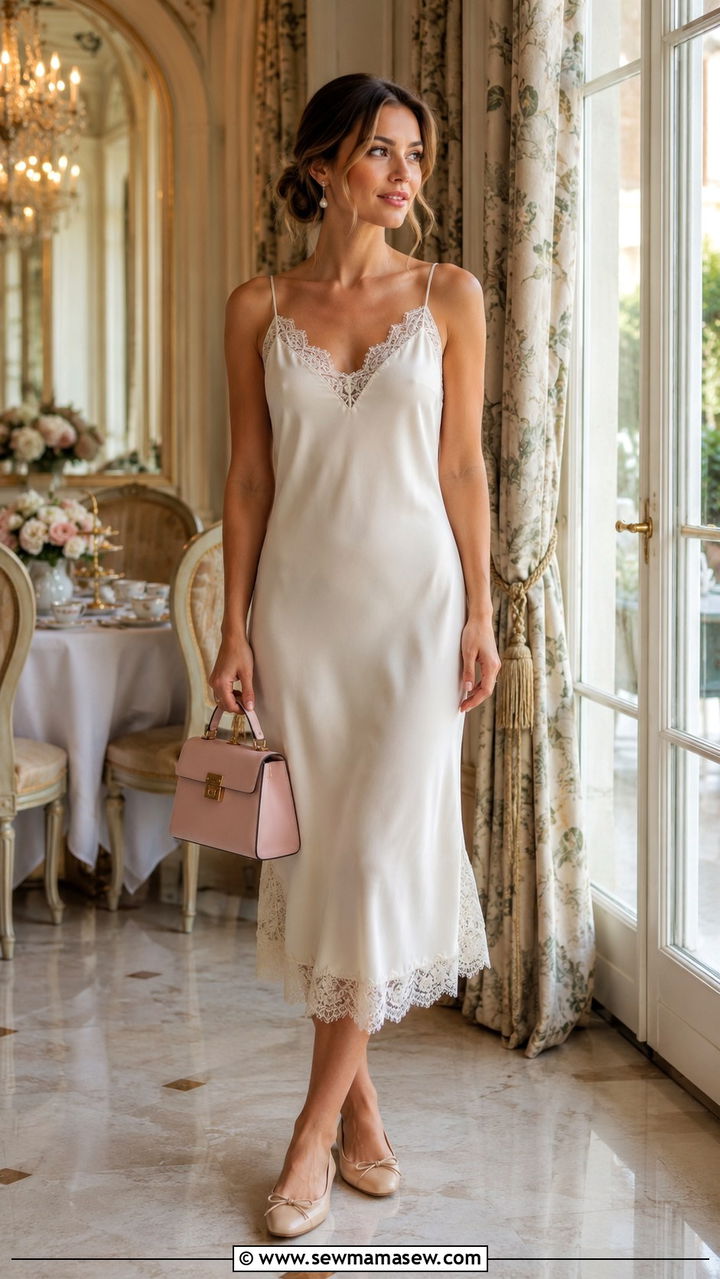 Lace trim slip dress with ballet flats and top handle bag - 30 How to style a slip dress in spring