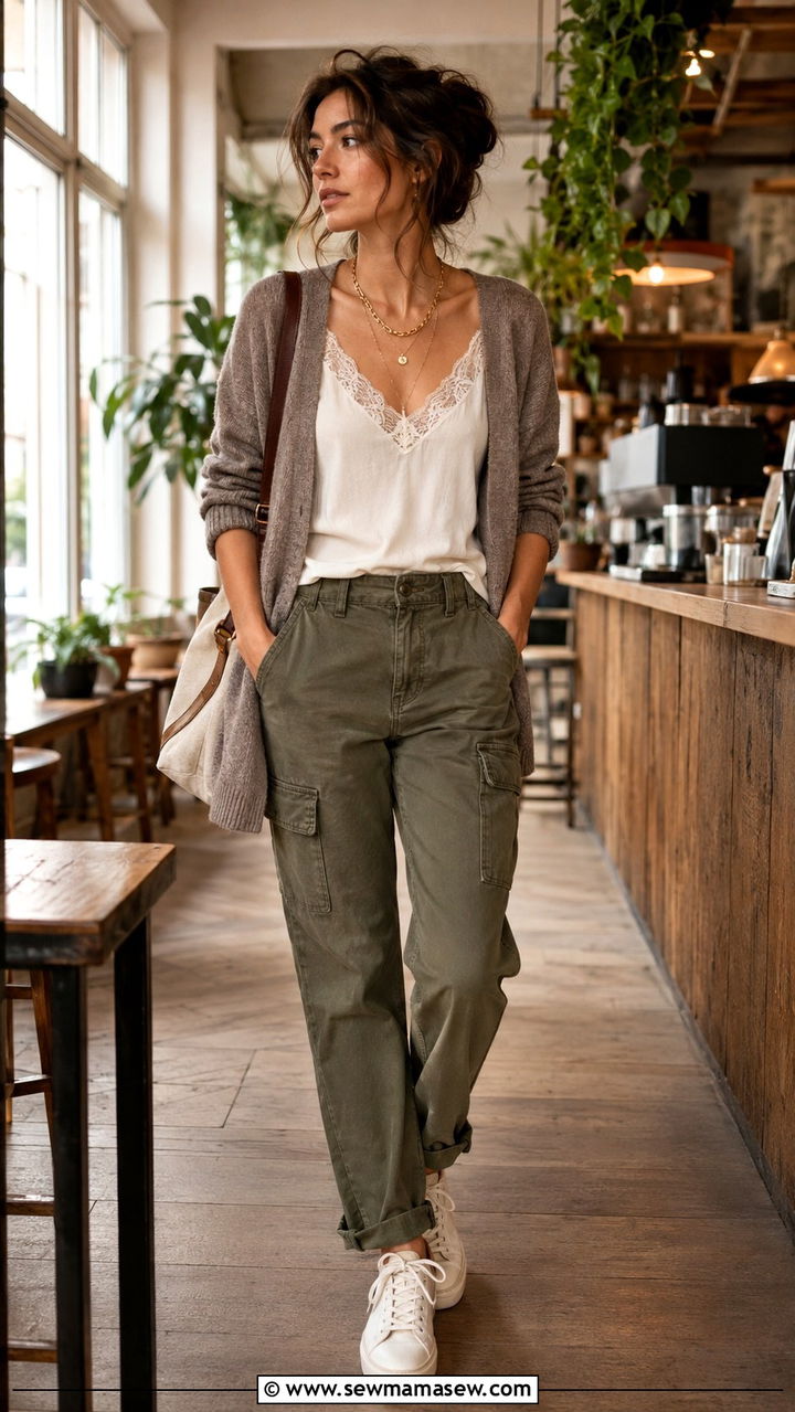 Lace trimmed camisole under open cardigan with cargo pants - 25 Poetcore outfit ideas college professor aesthetic