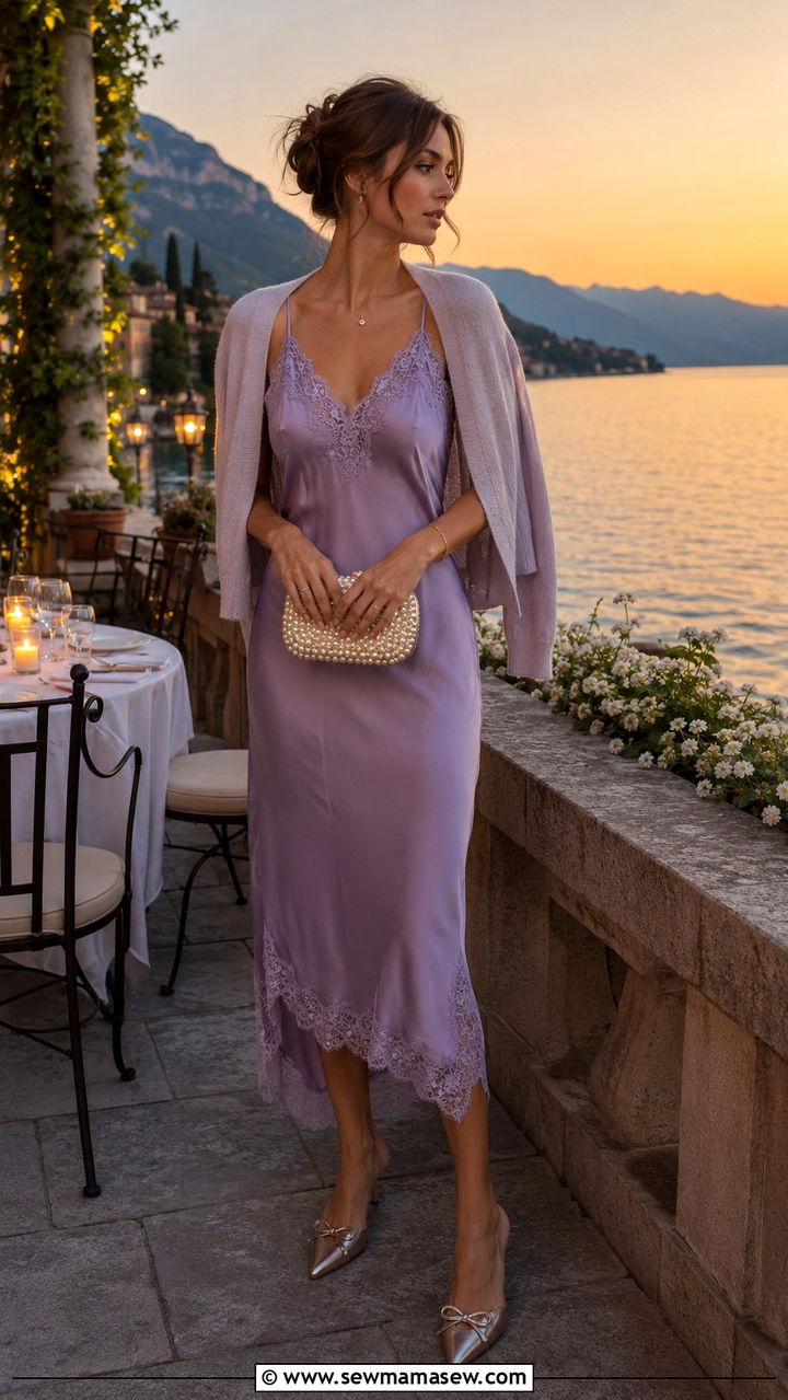 Lace trimmed slip dress and kitten heels outfit Lake Garda - 30 Italy outfits for women