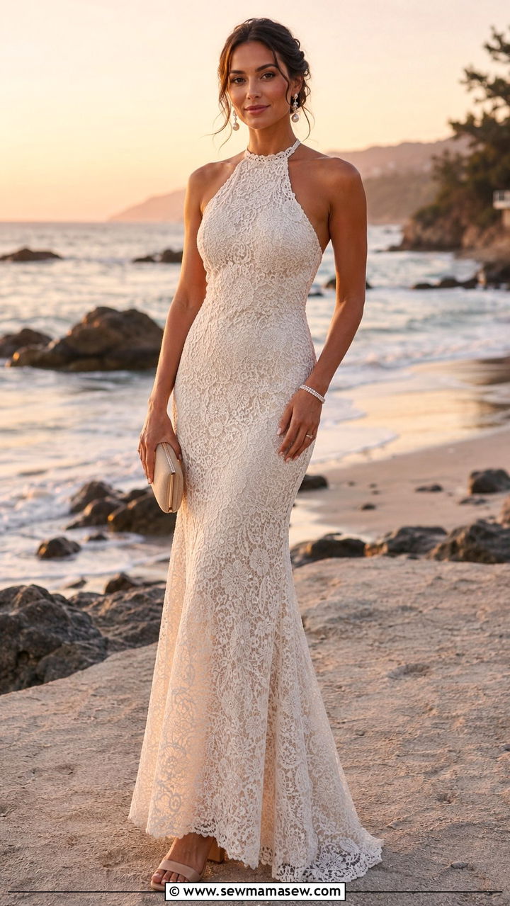 Lace trumpet gown with pearl accessories beach formal - 25 Beach formal wedding guest outfit ideas