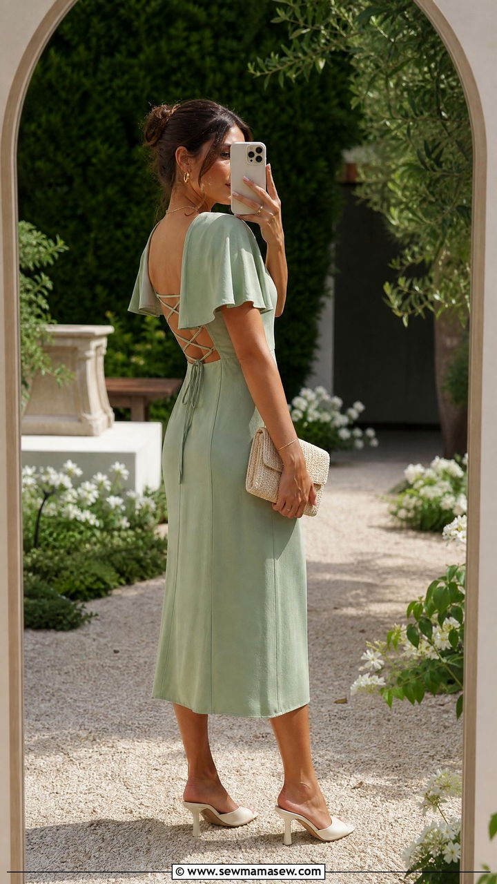 Lace up back midi dress with heeled mules - 25 Outfit ideas to flatter back