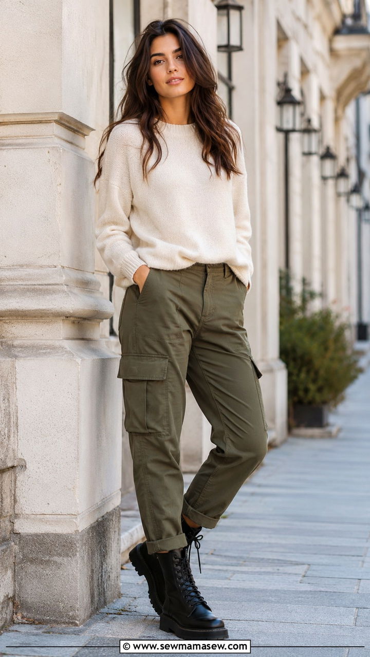 Lace up boots with cargo trousers and knit sweater - 30 transitional boots outfit ideas