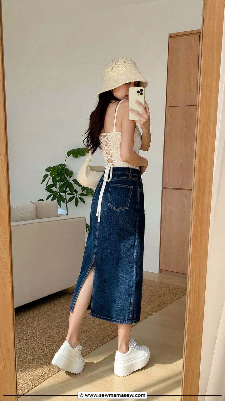 Lace up corset back top with midi denim skirt - 25 Outfit ideas to flatter back