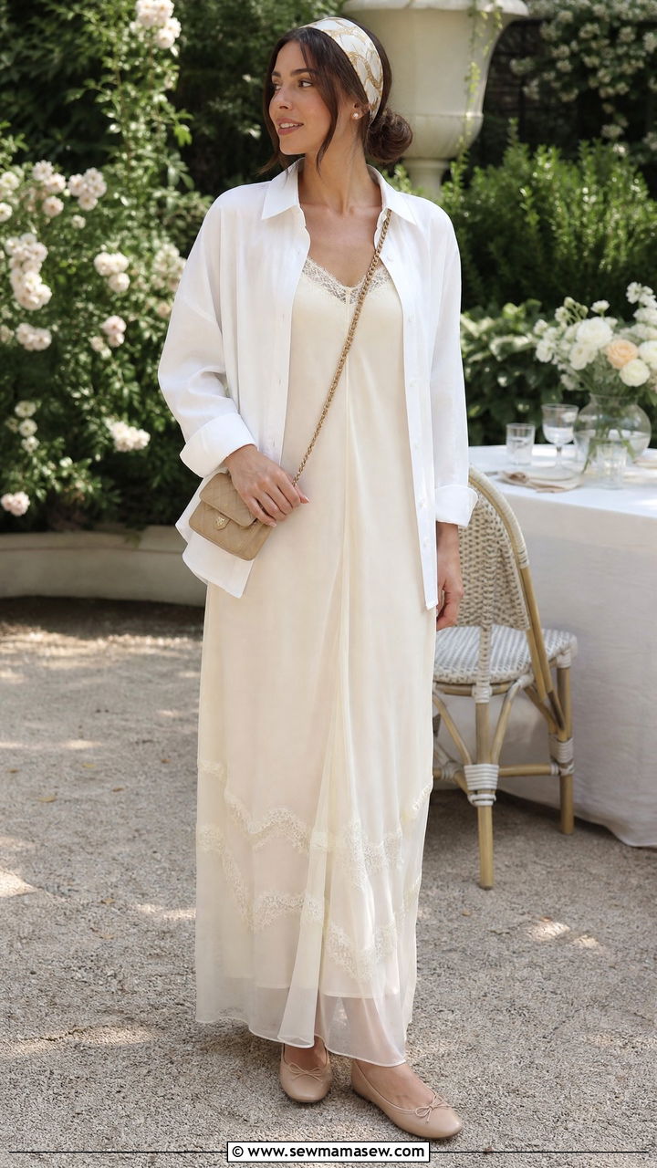 Lacetrim slip dress with oversized shirt - 30 summer outfits for modest women