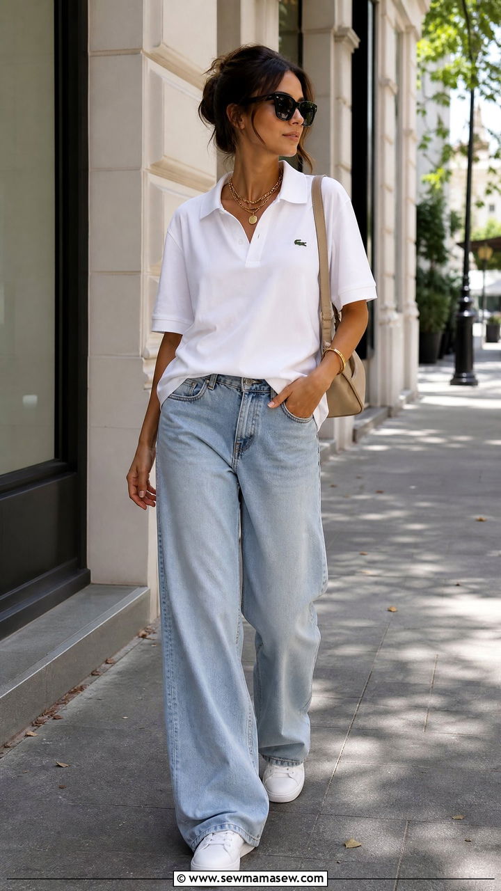 Lacoste polo and baggy jeans with white sneakers - 25 Rihanna summer outfit ideas