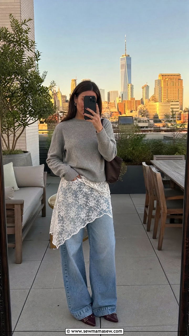 Lacy Slip Skirt Over Jeans With Sweater - 30 End of summer outfits