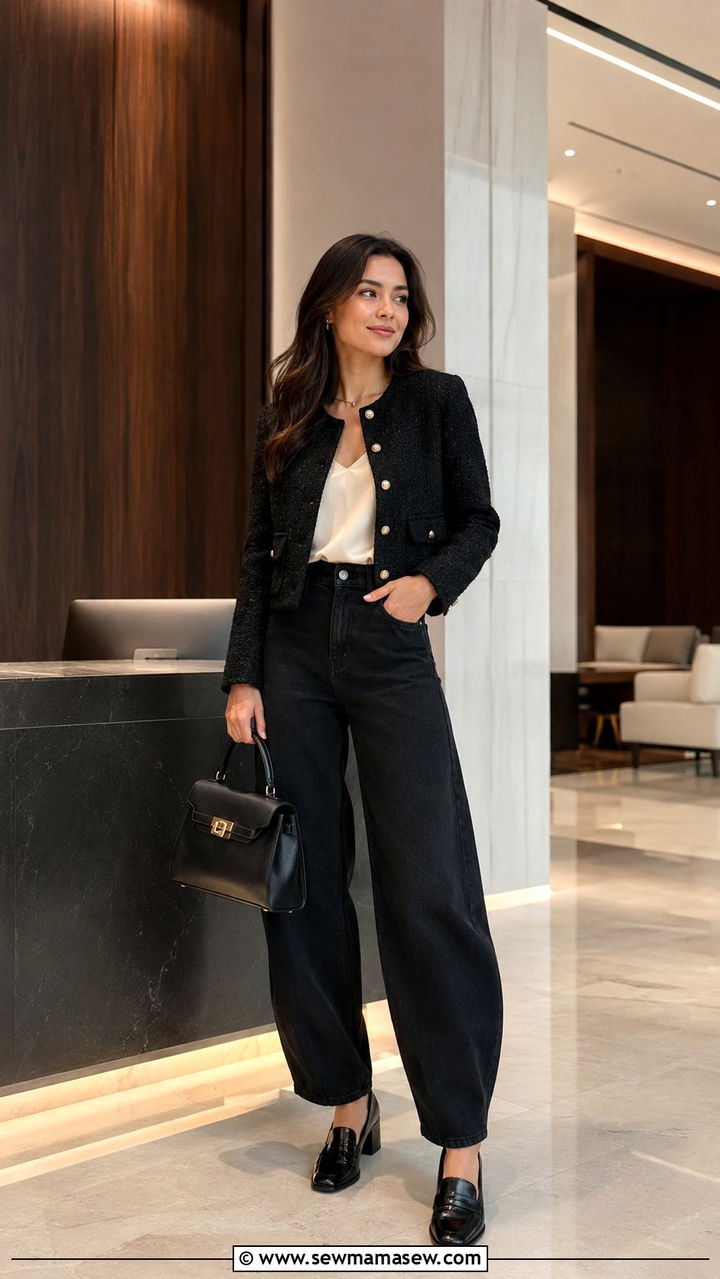 Lady Jacket With Black Barrel Jeans And Loafers - 25 Barrel jeans outfit ideas with loafers