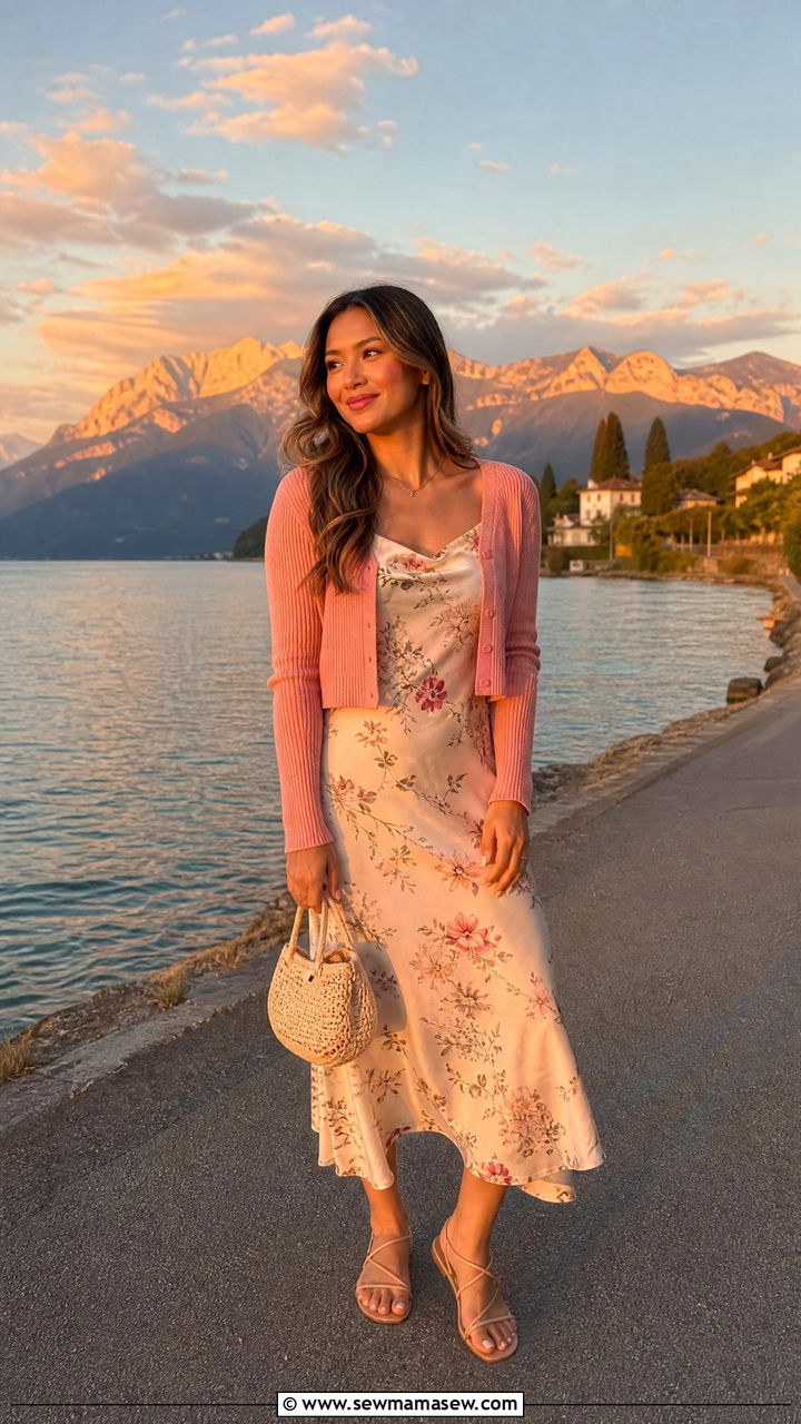 Lake Thun Sunset Walk Outfit with Midi Dress and Cropped Cardigan - 25 Interlaken outfit ideas