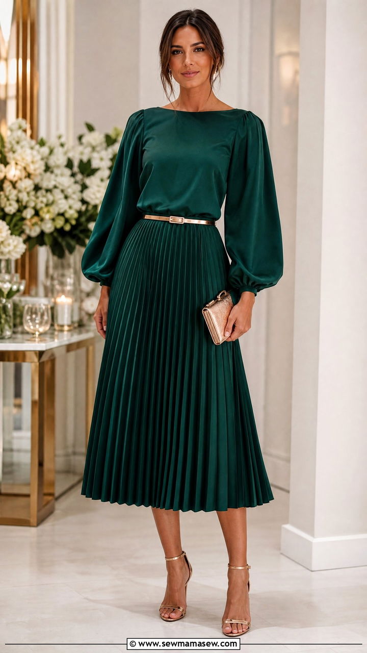Lantern Sleeve Blouse With Midi Pleated Skirt - 25 Outfit ideas to flatter arms