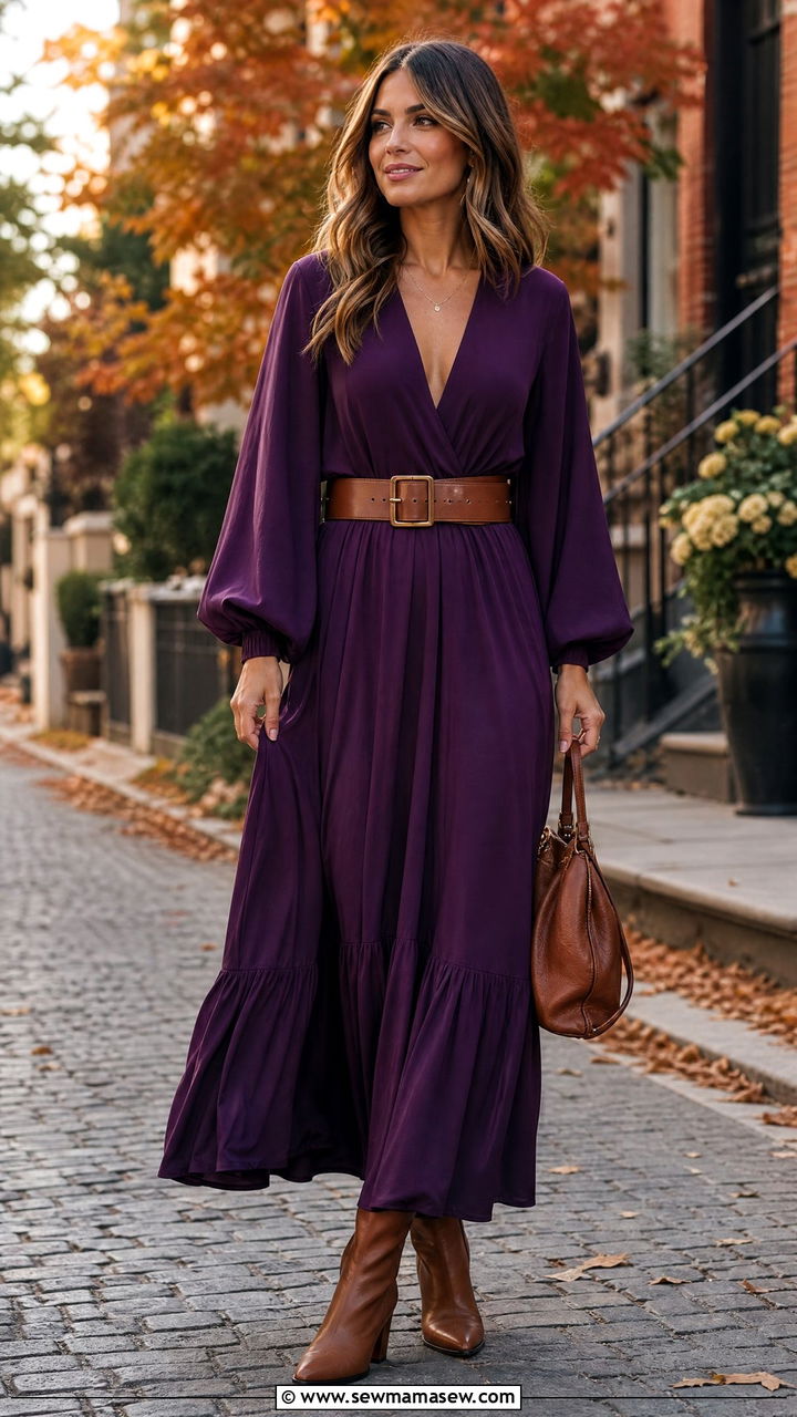 Lantern Sleeve Maxi Dress And Heeled Ankle Boots - 30 Maxi dress with sleeves outfit ideas