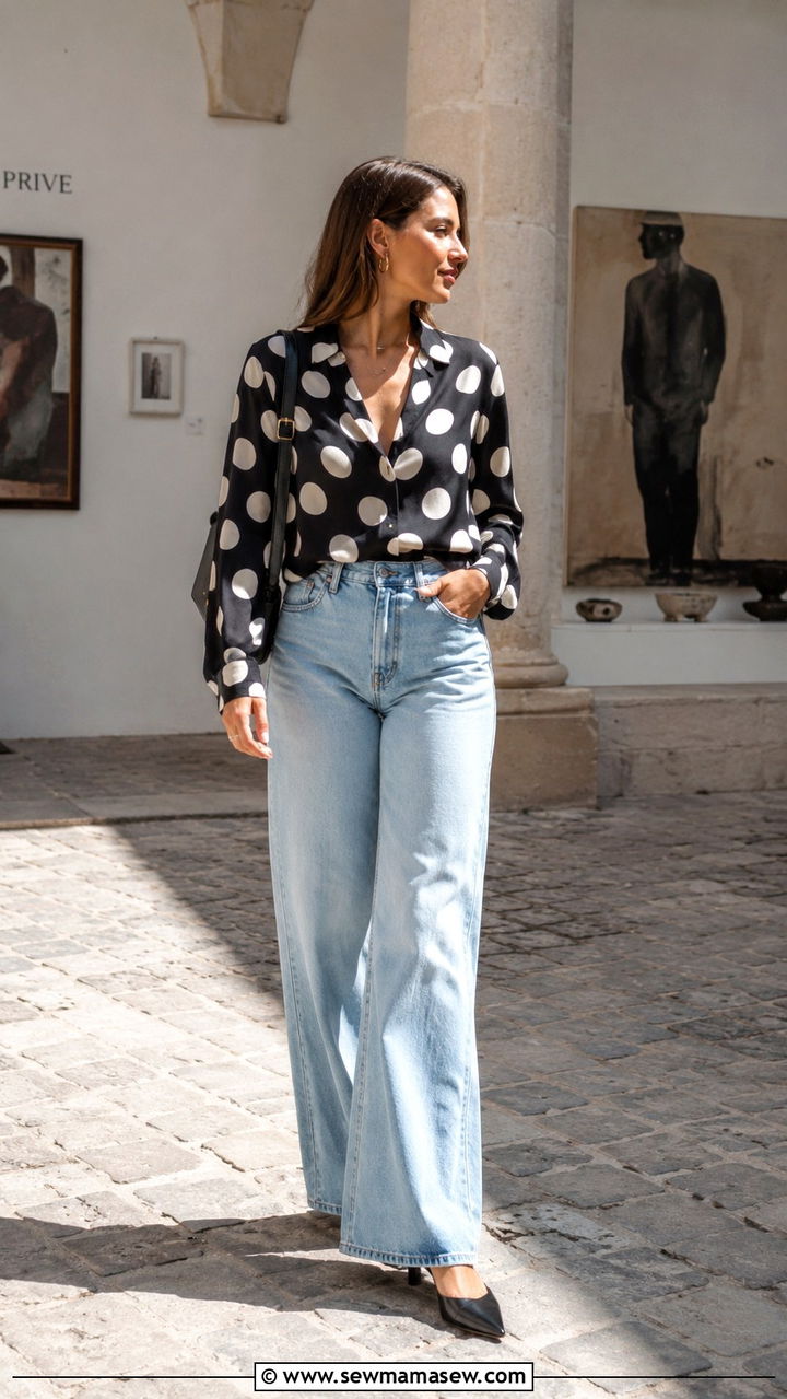 Large Polka Dot Blouse and Wide Leg Jeans Outfit - 25 2026 fashion must haves