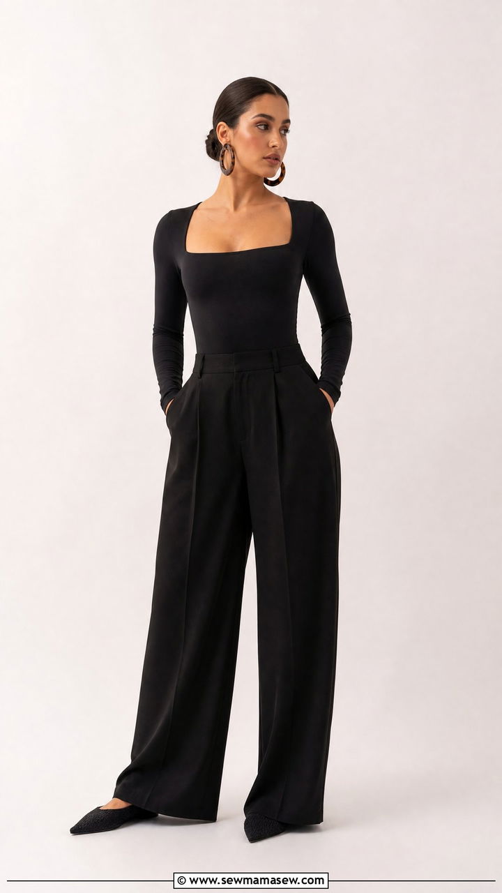 Lash tech black bodysuit and wide leg pants - 25 Lash tech outfit ideas