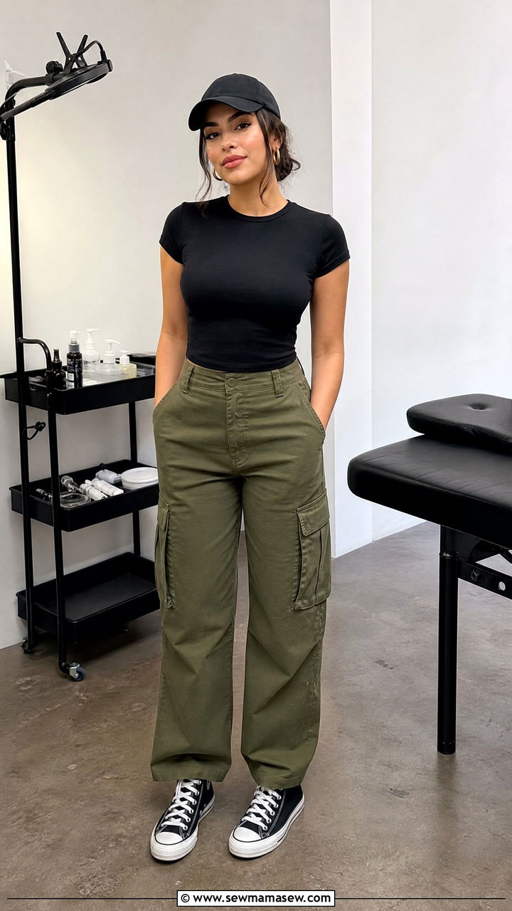 Lash tech cargo pants and fitted tee outfit - 25 Lash tech outfit ideas
