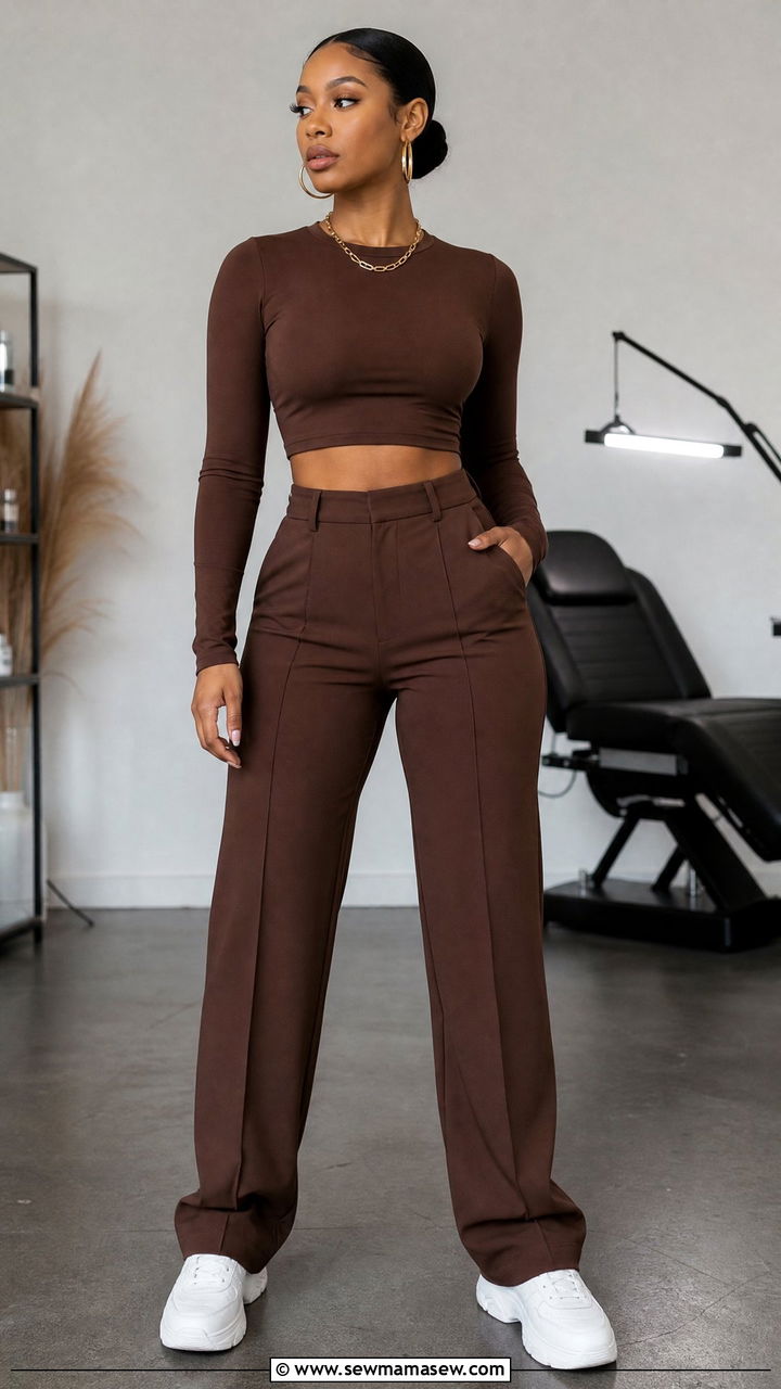 Lash tech long sleeve crop top and high waist pants outfit - 25 Lash tech outfit ideas