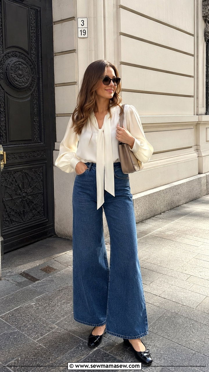 Lavalliere Blouse With Wide Leg Jeans and Patent Flats - 20 French girl outfit ideas Marion Cotillard