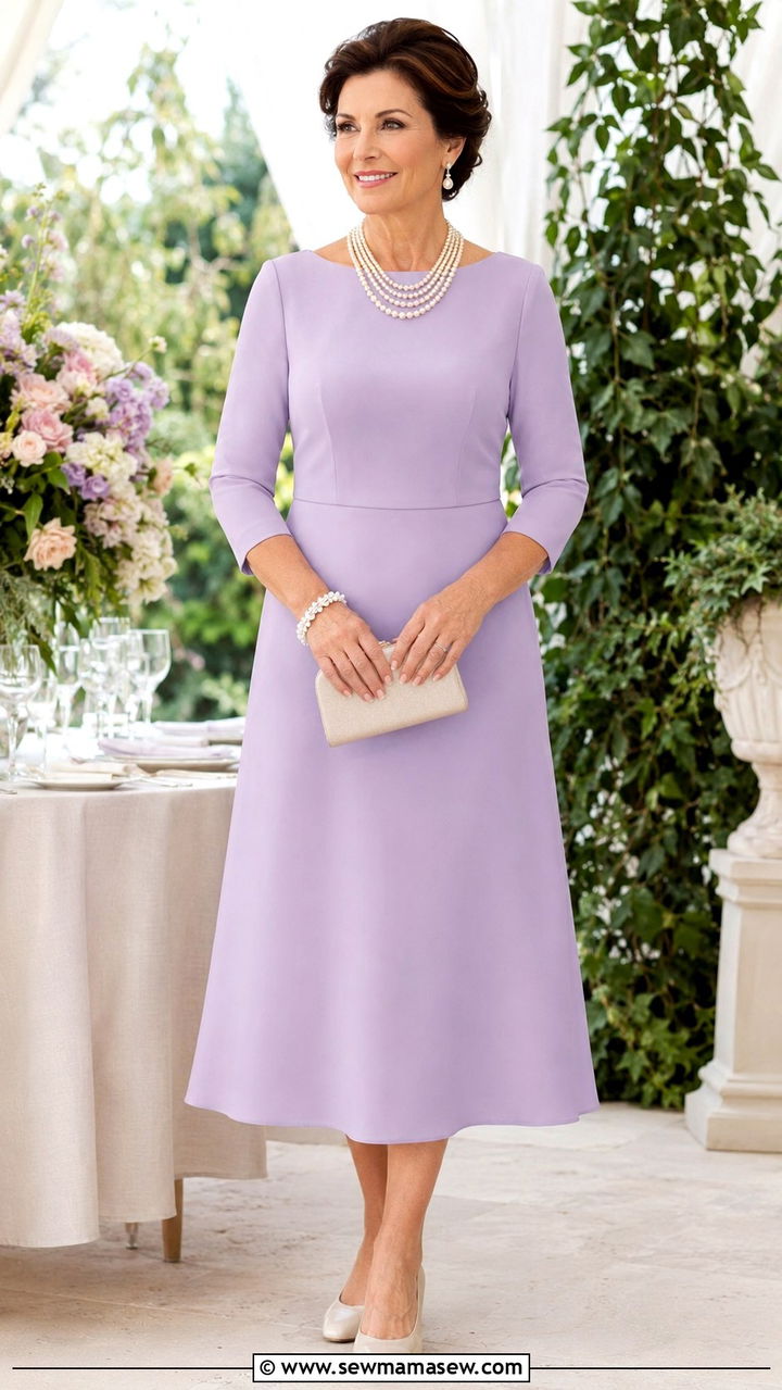 Lavender A line dress with pearls mother of the bride outfit - 25 Wedding guest outfit ideas for mom of the bride