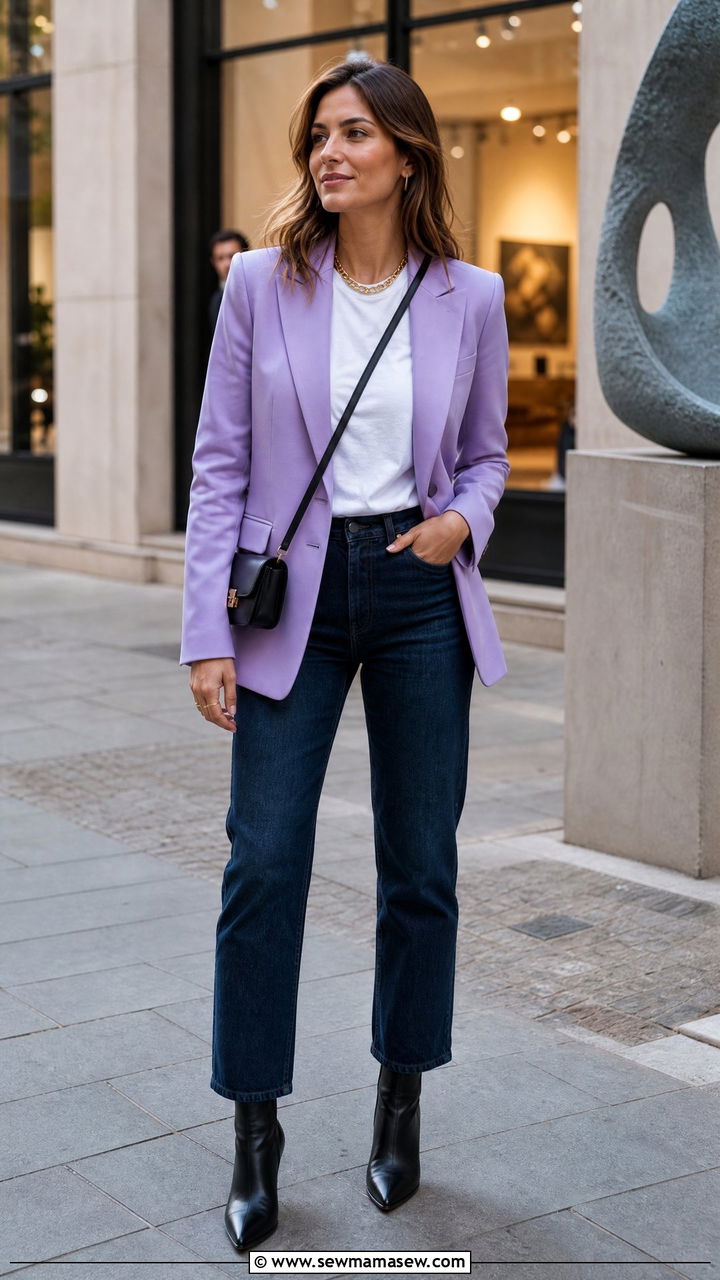 Lavender Blazer with Dark Denim Jeans - 35 Lavender outfit ideas
