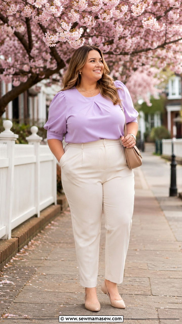 Lavender Blouse With Cream Trousers - 30 Plus size outfit ideas for family photos