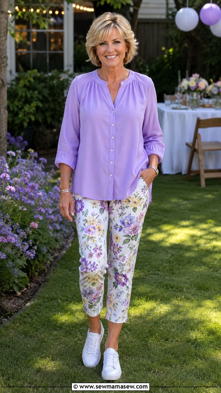 Lavender Blouse With Cropped Floral Pants - 25 Birthday outfits for women over 50