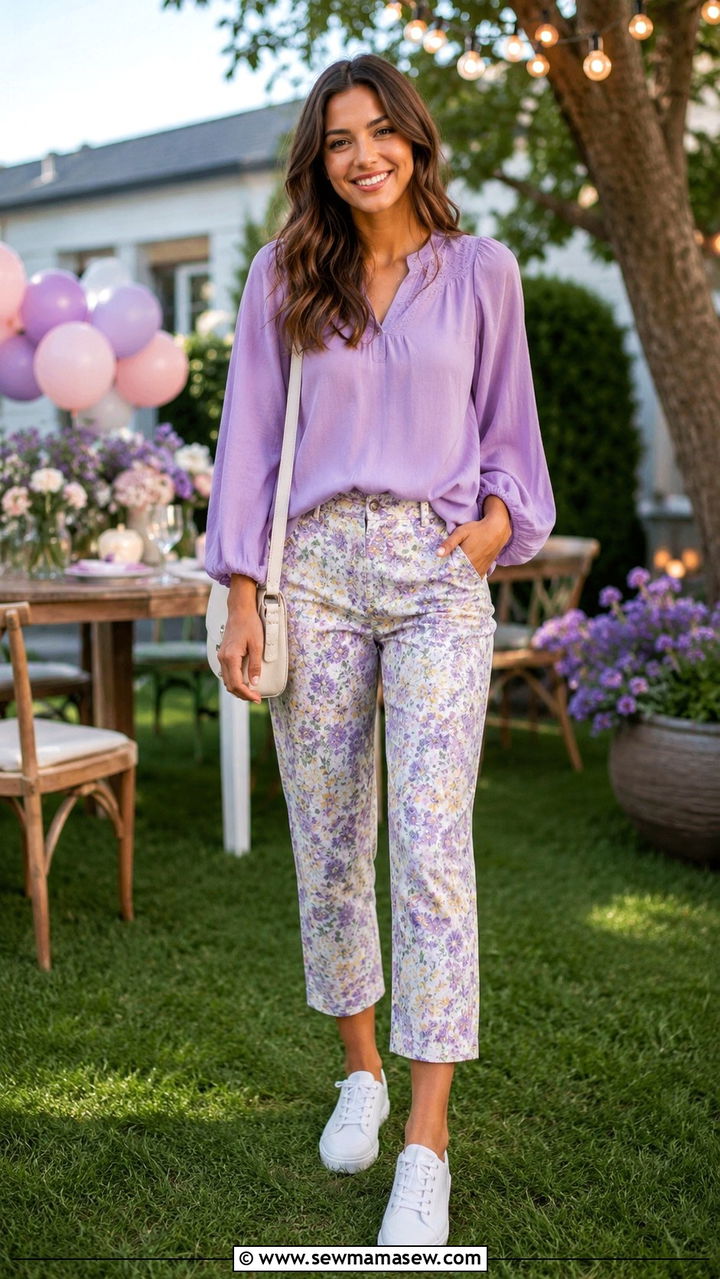 Lavender Blouse with Cropped Floral Pants - 25 Birthday outfit ideas for women over 50