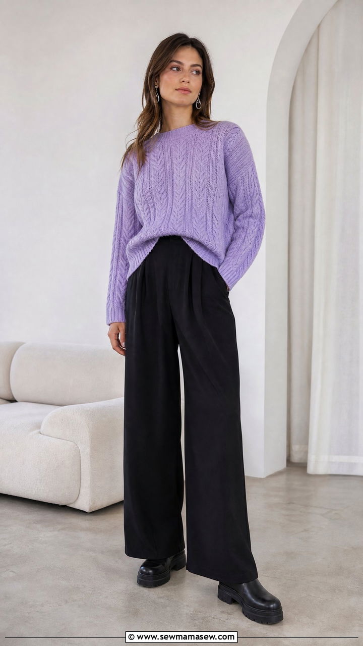 Lavender Cable Knit Sweater And Black Wide Leg Pants - 30 Cool tone outfit ideas