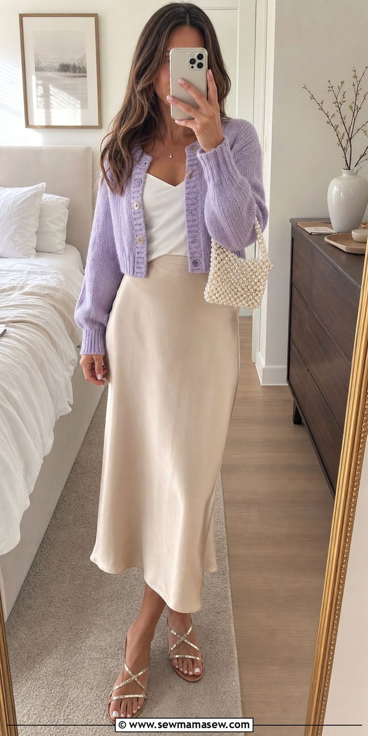 Lavender Cardigan And Satin Slip Skirt Spring Outfit - 25 Spring shopping outfits