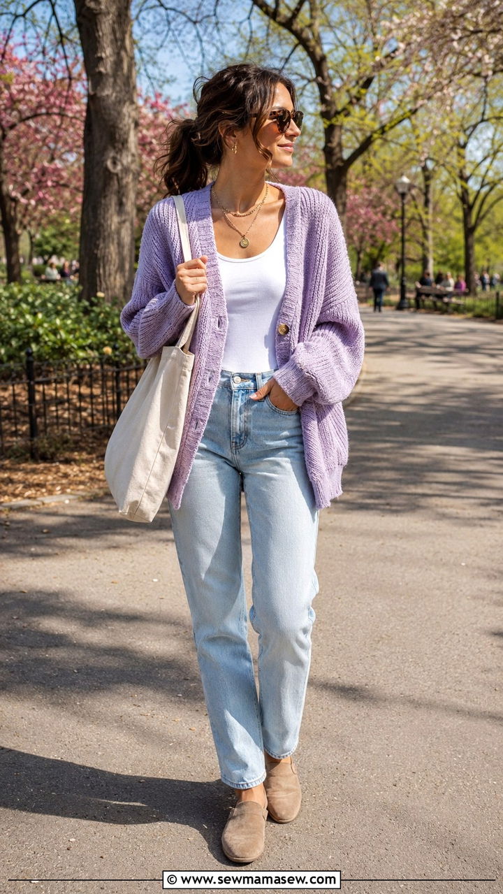 Lavender Cardigan With Light Wash Jeans - 30 Spring lavender outfit ideas