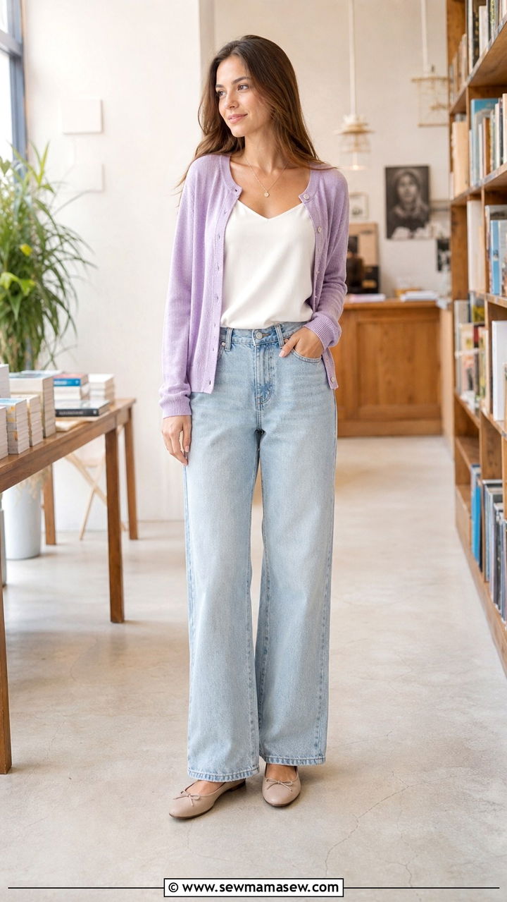 Lavender Cardigan and White Camisole with Jeans - 40 spring cute outfit ideas