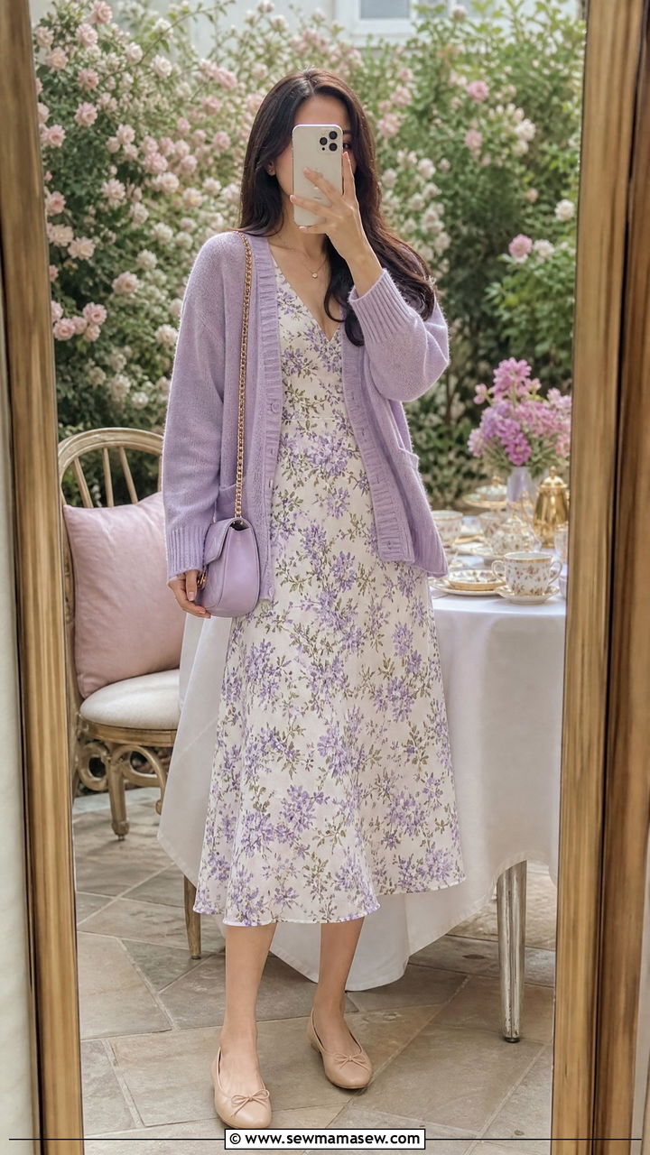 Lavender Cardigan with Floral Midi Dress - 35 Lavender outfit ideas