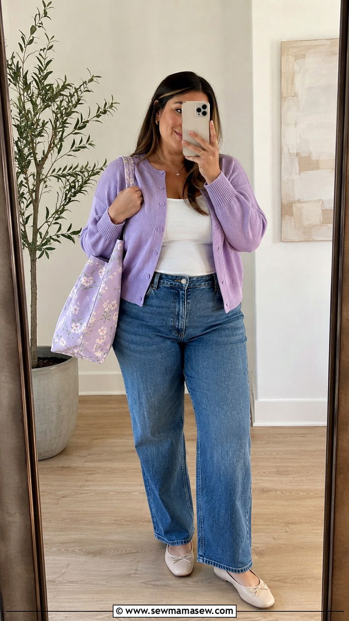 Lavender Cardigan with Straight Leg Jeans and Neutral Flats - 30 plus size brunch outfit ideas
