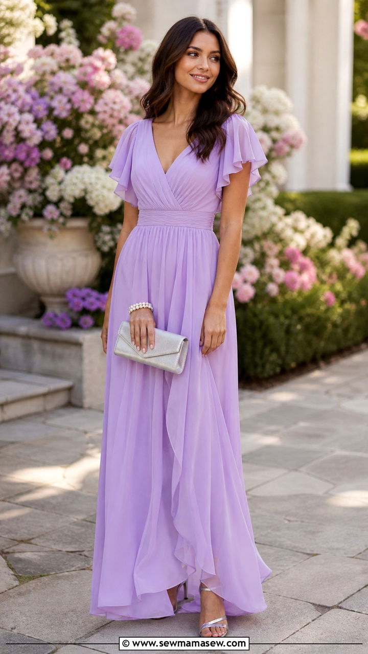Lavender Chiffon Maxi Dress With Silver Heels - 40 spring wedding guest outfit ideas