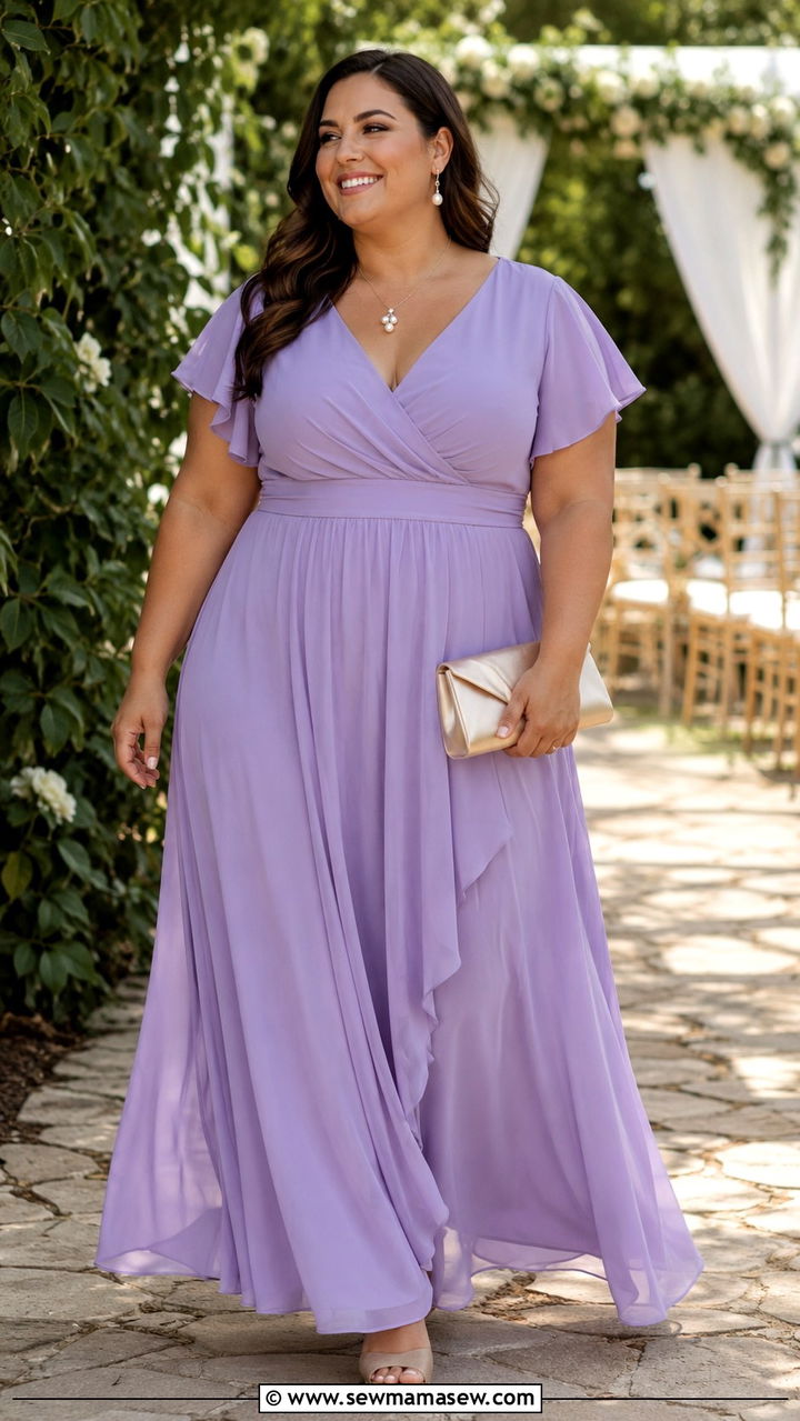 Lavender Chiffon Maxi Dress With Wedge Heels - 30 plus size spring wedding guest outfit ideas