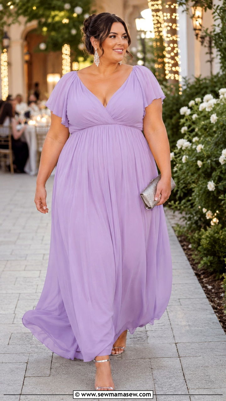 Lavender Chiffon Maxi Dress with Strappy Heels - 30 Plus size wedding guest outfits spring