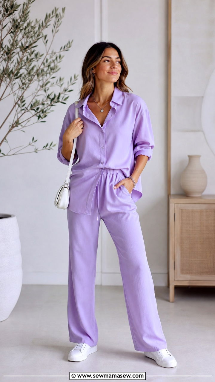 Lavender Co Ord Set With White Sneakers - 40 Spring photoshoot outfits