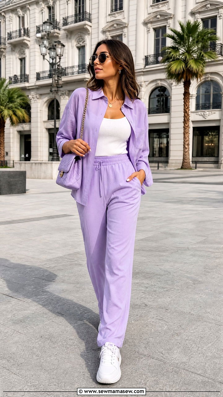 Lavender Co ord Set with White Sneakers - 35 Lavender outfit ideas
