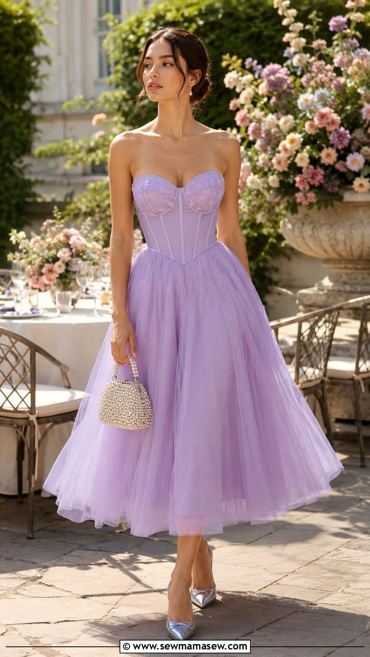 Lavender Corset Tea Length Dress for Afternoon Wedding - 25 Wedding guest outfit ideas corset bodice dress