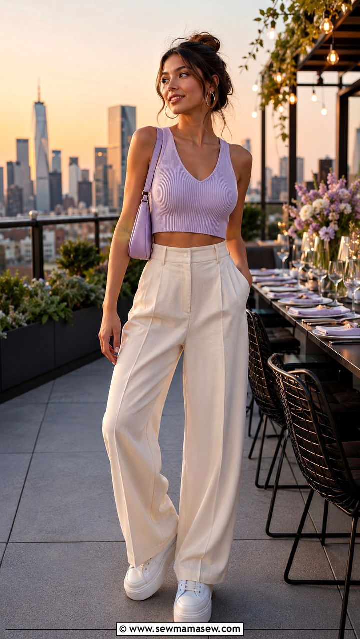 Lavender Crop Top With High Waist Pants - 30 Spring lavender outfit ideas