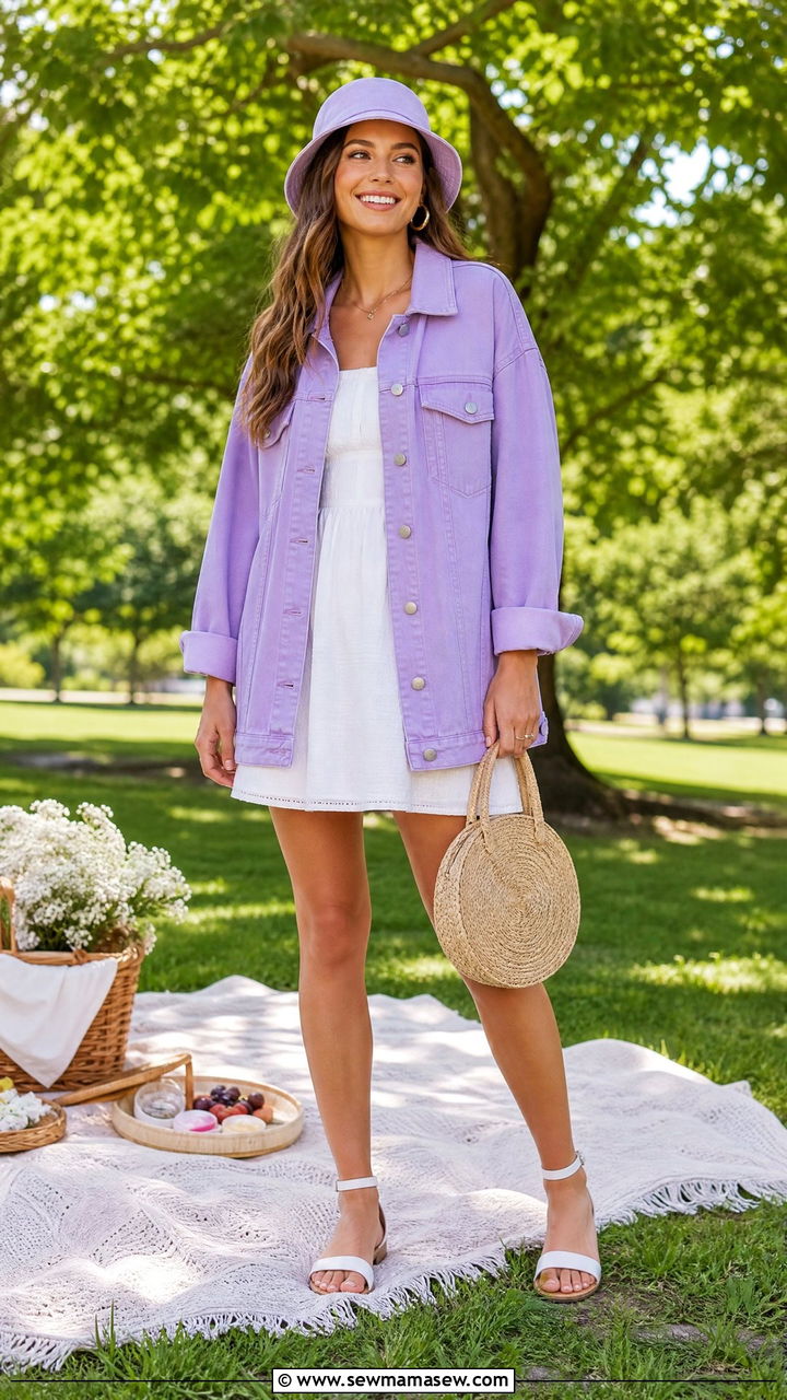 Lavender Denim Jacket with White Sundress - 35 Lavender outfit ideas