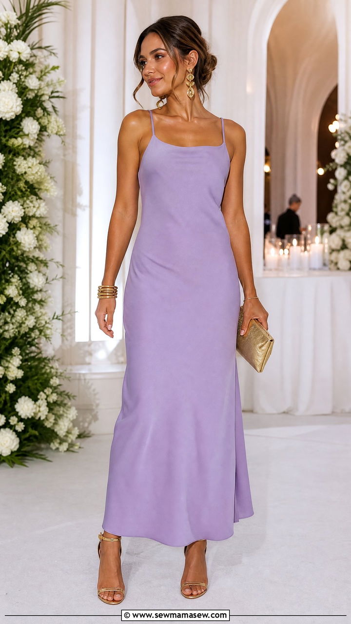 Lavender Dress with Gold Jewelry Wedding Guest - 20 Wedding guest outfit ideas lavender dress