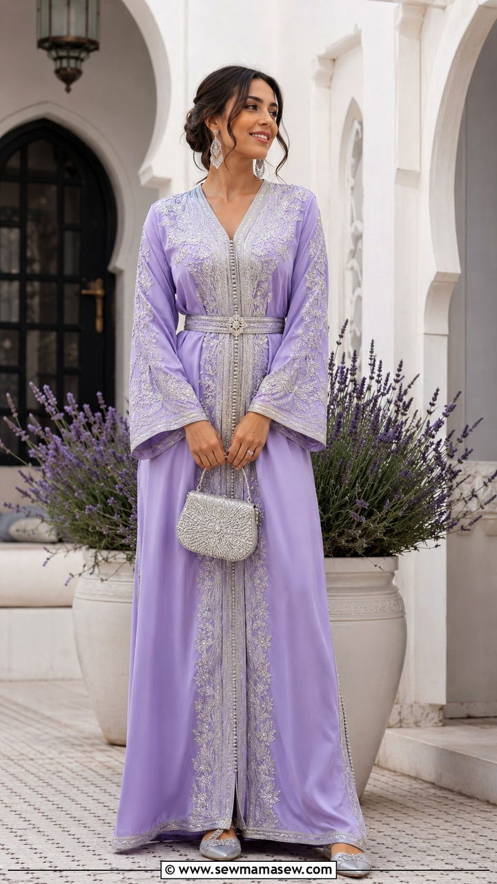 Lavender Embroidered Kaftan with Silver Babouche Slippers - 25 Wedding guest outfit ideas Moroccan wedding