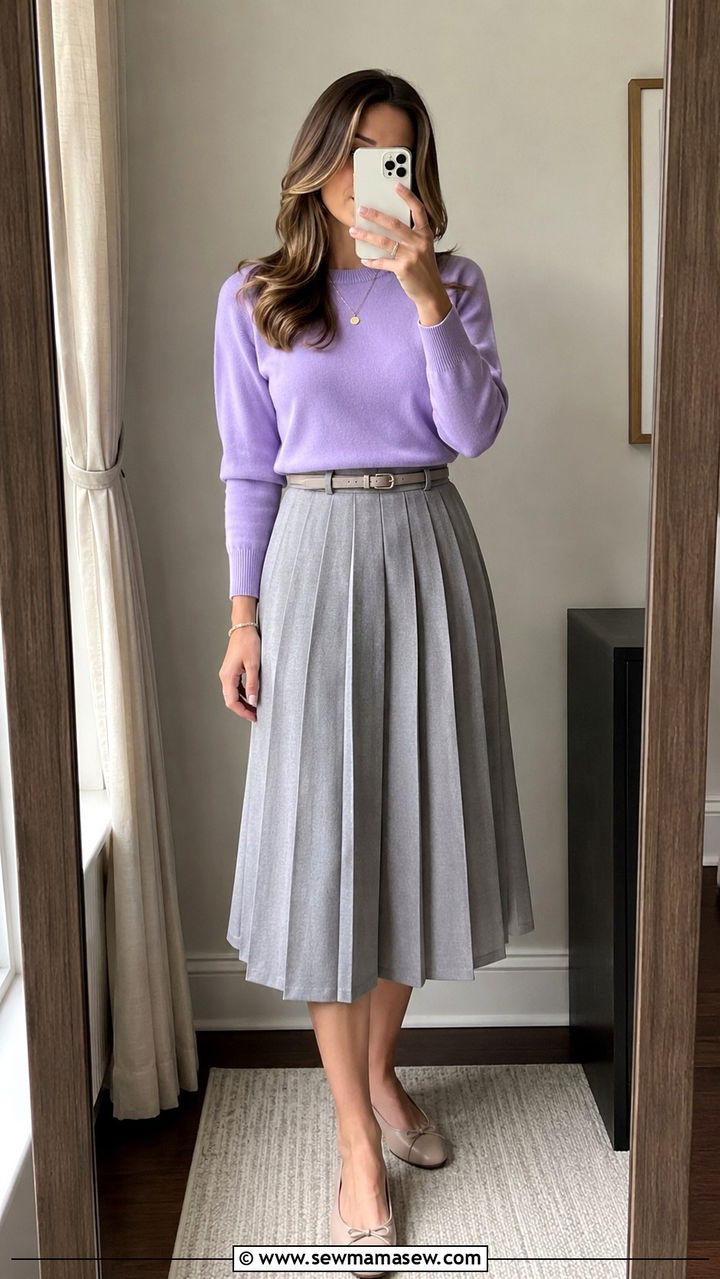 Lavender Fine Knit with Structured Midi Skirt - 30 teacher outfits 2026