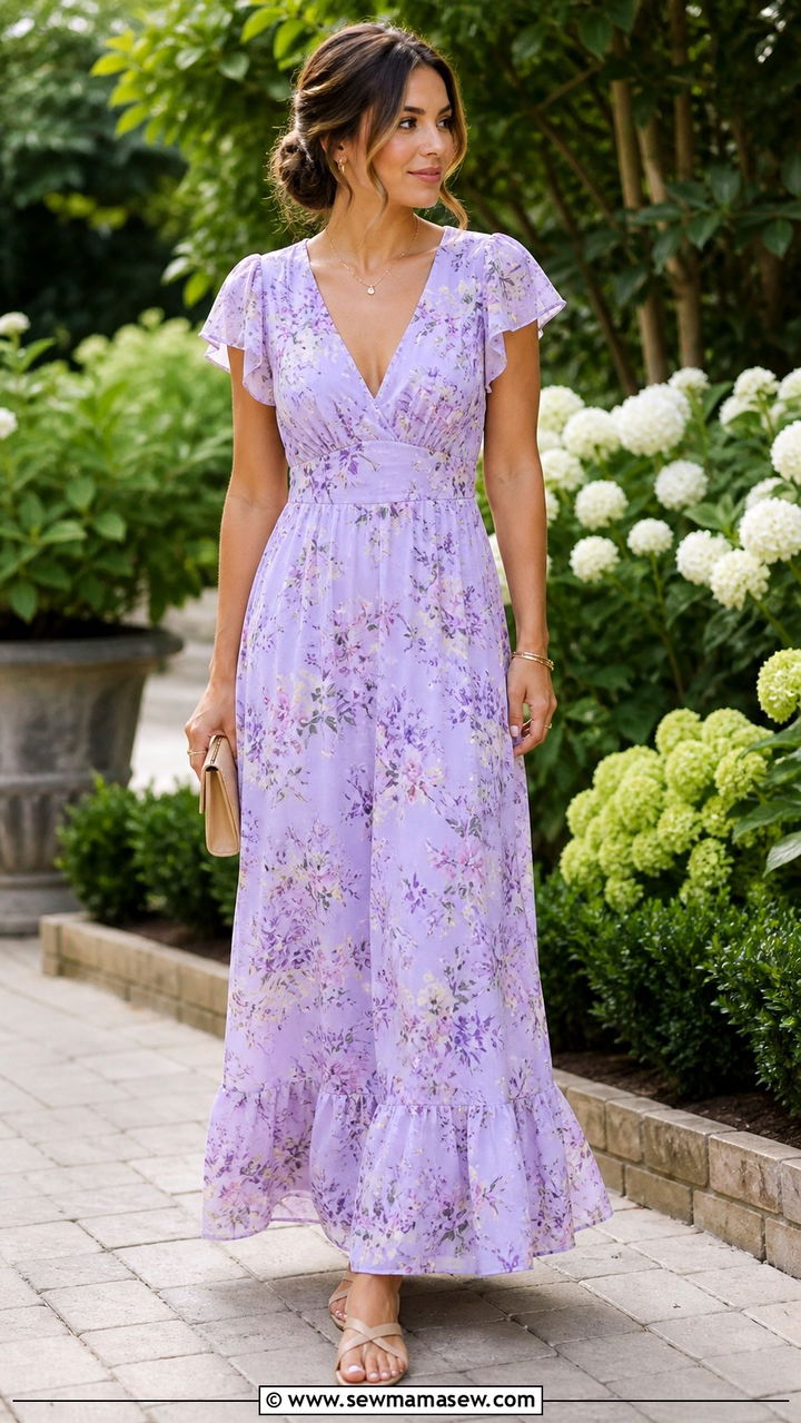 Lavender Floral Maxi Dress with Flat Sandals - 40 Spring baby shower outfits