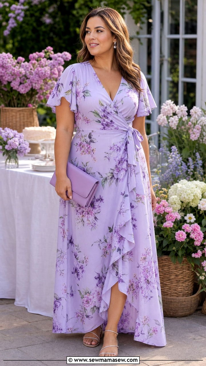 Lavender Floral Wrap Maxi Dress for Spring Baby Shower - 35 Baby shower outfit ideas