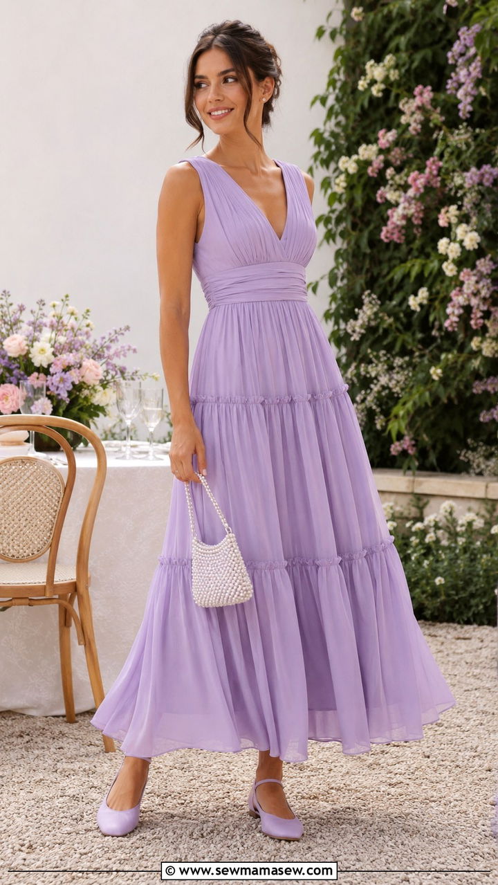 Lavender Flowy Dress With Ankle Strap Flats - 30 chic summer wedding guest outfits for women