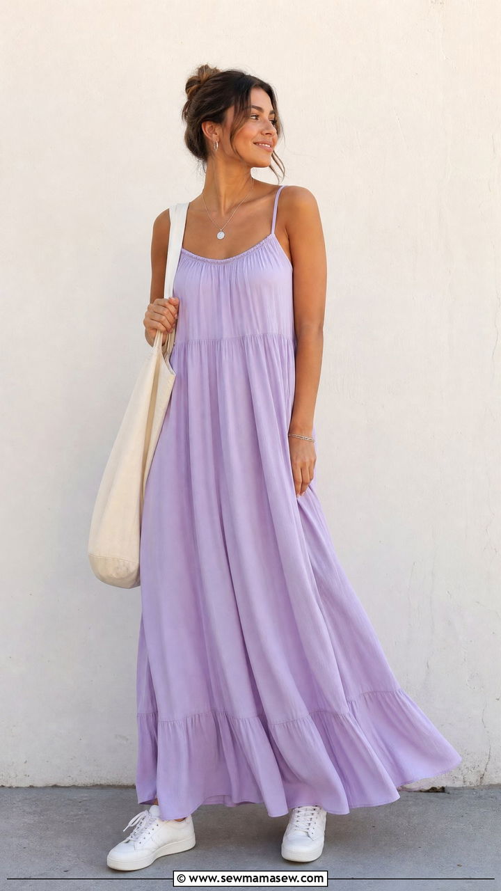 Lavender Flowy Maxi Dress and White Sneakers Outfit - 30 summer pinterest outfit ideas