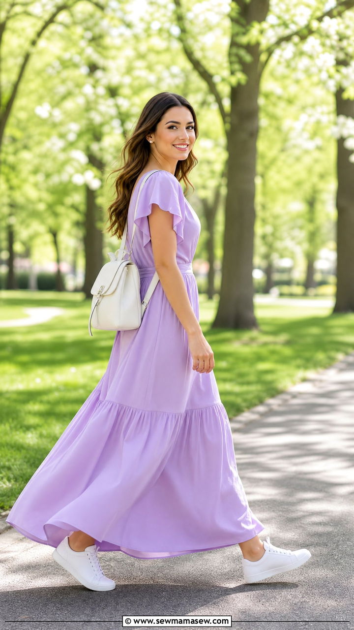 Lavender Flowy Maxi Dress with White Sneakers - 30 summer colorful outfit ideas